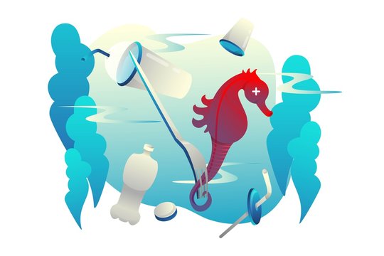 Stop ocean plastic pollution. Dead Seahorse. Protest against plastic trash. Use for environmental and social poster. Plastic waste. Vector stock isolated illustration.