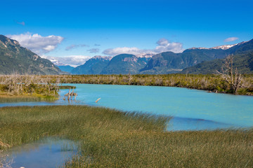 Naklejka na ściany i meble Landscape of river Murta valley with beautiful mountains view, Patagonia, Chile, South America