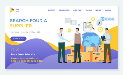 Search for supplier, man with partners on meeting. Agreement between sides. Global service and worldwide delivery for trade selling. Globe on website or webpage template, landing page, vector flat