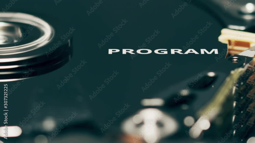 Poster head of computer hard disk drive reveals program word