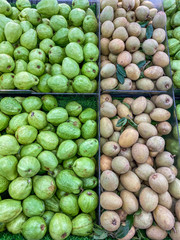 Top view photo of mammee apple and guava at hypermarket