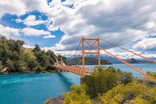 Bertran lake and General Carrera lake bridge and mountains beautiful landscape, Chile, Patagonia, South America