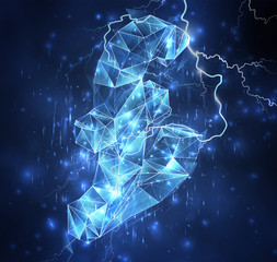 3d vector symbol whist in a stormy blue sky and lightning strikes into it