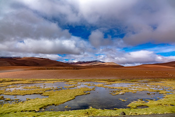 Fototapeta na wymiar Atacama desert savanna, mountains and volcano landscape, Chile, South America