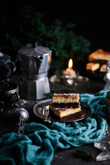 Polish cheesecake on the dark Christmas background.