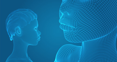 Obraz premium 3d vector portrait of a beautiful young girl with hairstyle, set of angles on a blue background