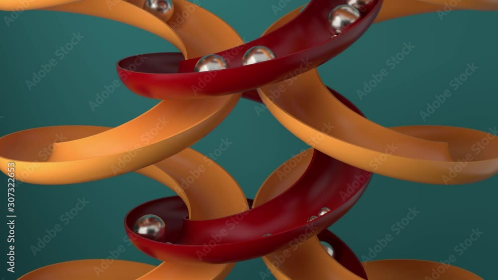 Poster 3d loopable sequence of silver spheres that roll into twisted red and yellow semitubes. infinite ani