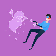 Man playing shooting game using virtual reality headset