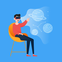 Man wearing virtual reality headset with space objects simulation