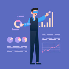 Man wearing virtual reality headset and touching virtual graphics screen