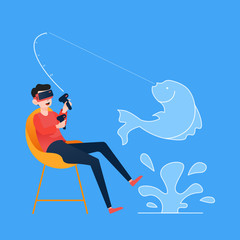 Man playing fishing game using virtual reality headset