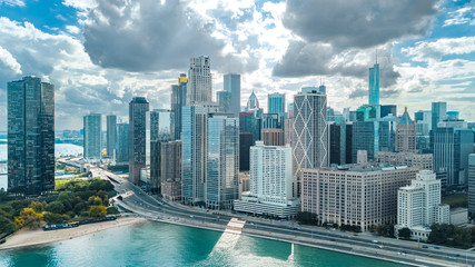 Chicago skyline aerial drone view from above, city of Chicago downtown skyscrapers and lake Michigan cityscape, Illinois, USA - obrazy, fototapety, plakaty