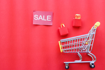 Paper shopping bags in a shopping cart on wood table,on Red wall background.concept online shopping. 