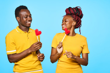 cheerful young couple in t-shirts