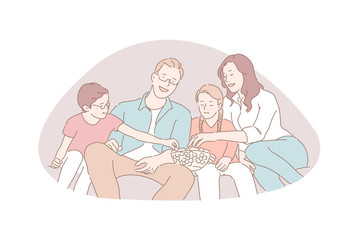 Family recreation, movie night, traditional values concept. Couple with little children watching TV and eating popcorn, happy parents and kids spend time together. Simple flat vector