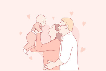 Happy parenthood, young family, childcare concept. Cheerful man and woman with newborn baby, joyful father hugging mother with infant, parents playing with toddler. Simple flat vector