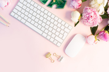 Top view home office workspace