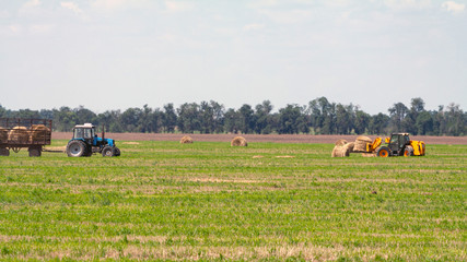 Obraz premium Tractor loading hay bales on truck agricultural works