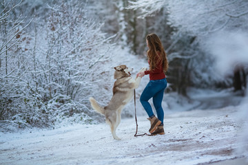Woman volking with dog on winter forest snow covered road.