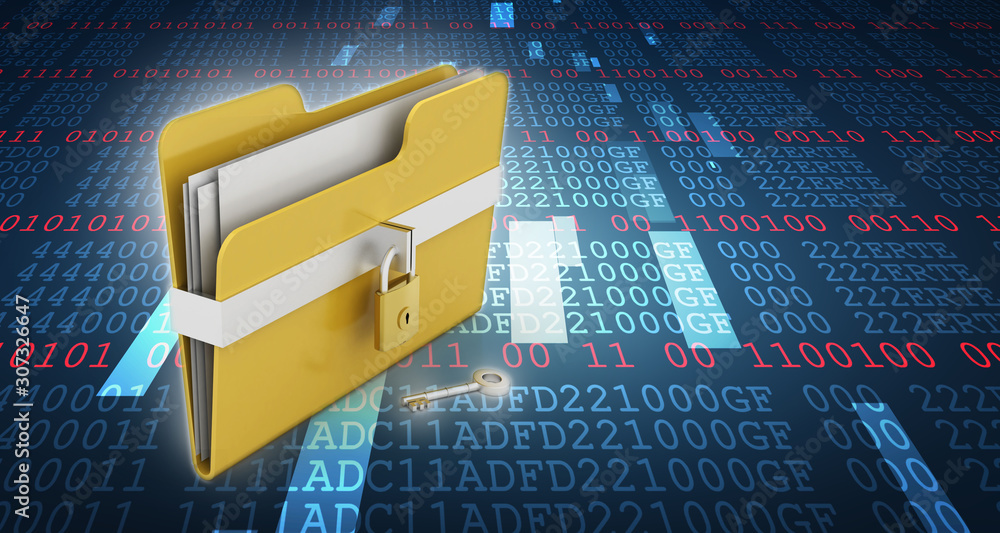 Poster yellow folder and lock. data security concept. 3d rendering