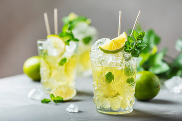 Cold tea with lime, mint and ice