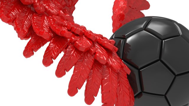 Black soccer ball with the red Wings under white background. 3D illustration. 3D high quality rendering.