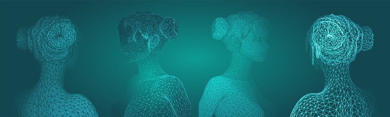 3d vector portrait of a beautiful young girl with hairstyle, set of angles on a green background