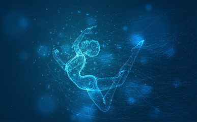 vector blue background, fragile female figure dancing tangled