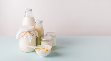 Fototapeta na wymiar Fermented dairy products. Milk mushroom. Organic probiotic fermented milk products in glass bottles. Healthy diet food.