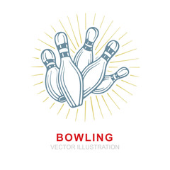 Bowling. Bowling pins with shining rays hand drawn vector illustrations set. Bowling pin sketch drawing. Part of set. 