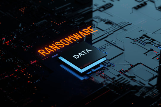 3D rendering Glowing text Ransomware attack on Computer Chipset. spyware, malware, virus trojan, hacker attack Concept
