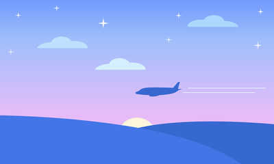 Fototapeta na wymiar Blue landscape of the dawn sky with clouds and stars and the silhouette of a flying plane with a two lane contrail. Card. Vector graphics, vector illustration