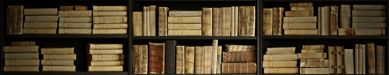 antique books on old wooden shelf.