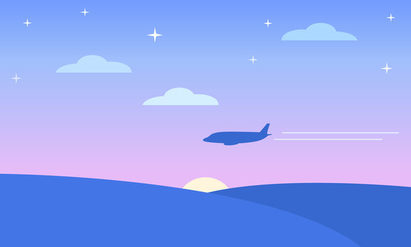 Blue landscape of the dawn sky with clouds and stars and the silhouette of a flying plane with a two lane contrail. Card. Vector graphics, vector illustration