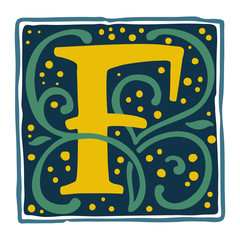 Renaissance F letter logo in dim vintage colors.