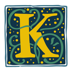 Renaissance K letter logo in dim vintage colors.