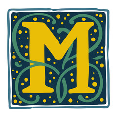 Renaissance M letter logo in dim vintage colors.