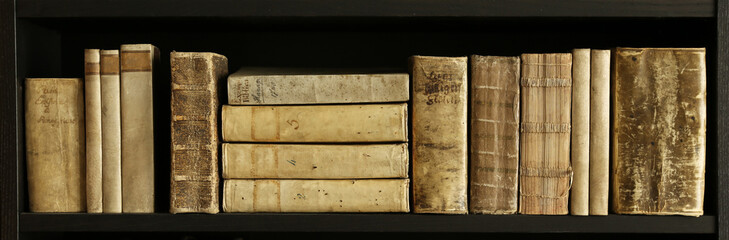 vintage books on wooden shelf.