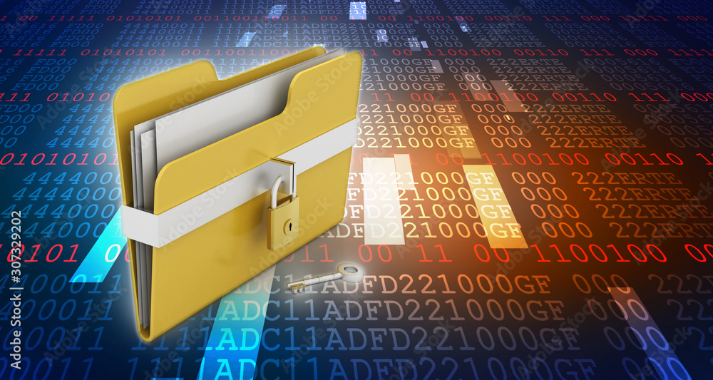 Poster yellow folder and lock. data security concept. 3d rendering