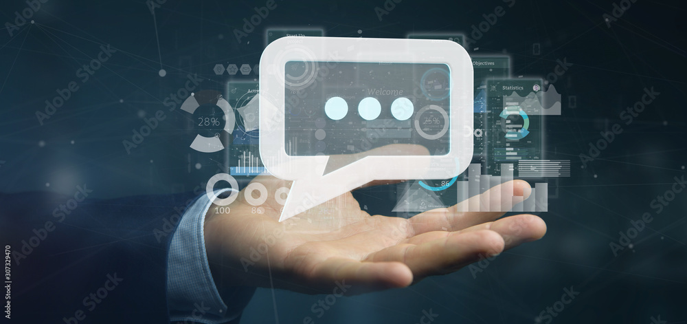 Poster view of a businessman holding a message icon with data in background - 3d rendering