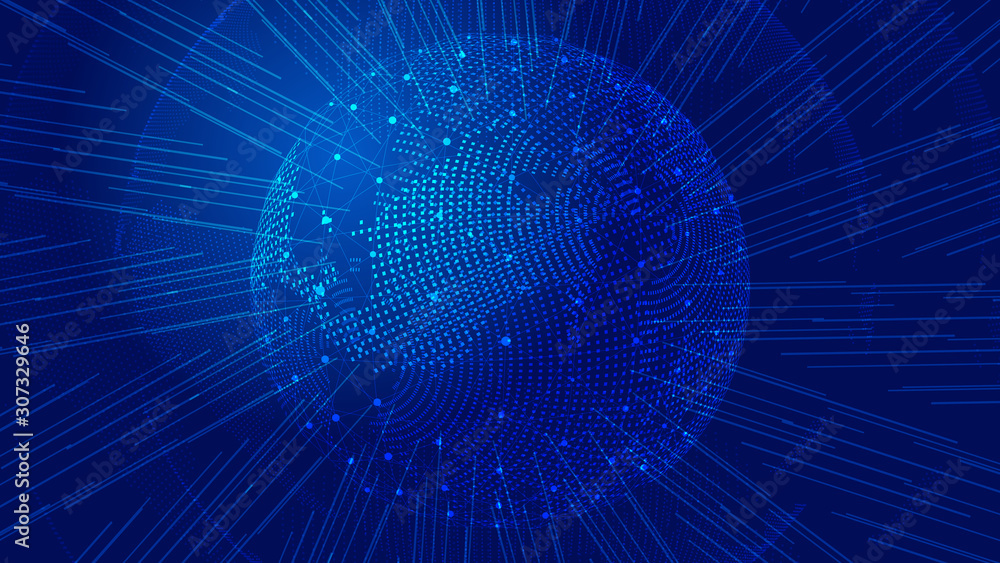 Poster particles, dots and lines link to build digital sphere, the world network technology big data, globa