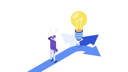 Three-way direction. Direction choose options, solution, decision. Man thinking. Loop animation. 4K resolution. 