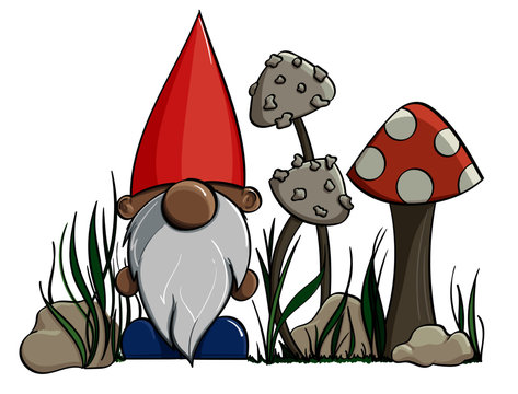 Cartoon Gnome with forest mushrooms