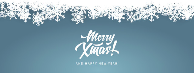 Obraz na płótnie Canvas Blue flat Merry Christmas background with snowflakes and text