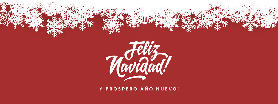 Feliz Navidad - Merry Christmas in spanish language red card template design elements, snowflakes	