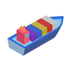 Isometric Cargo Ship with Container Flat Design. Delivery Service. Vector