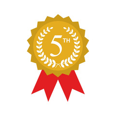 Award ribbon gold icon. Golden medal design isolated on white background. Symbol of winner celebration, best champion achievement, success trophy seal. Blank rosette element Vector illustration