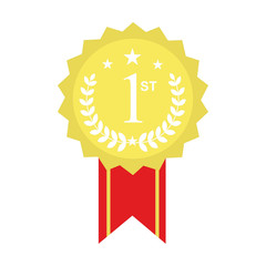 Award ribbon gold icon. Design winner golden medal prize. Symbol best trophy, success champion, one sport competition honor, achievement leadership, victory Vector illustration