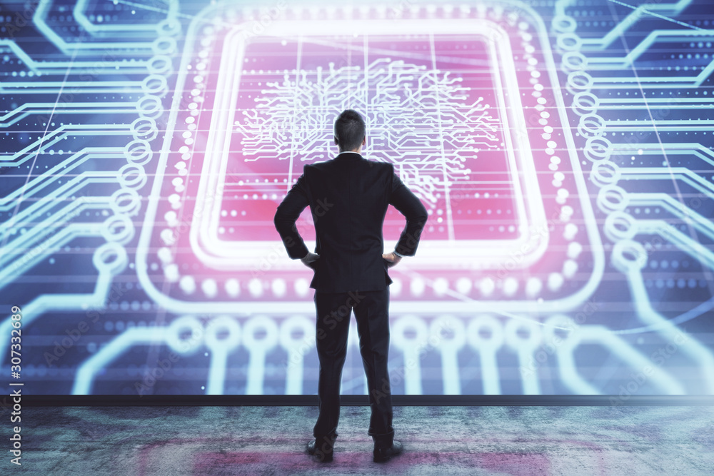 Aufkleber man and brain icon hologram. double exposure. concept of data development
