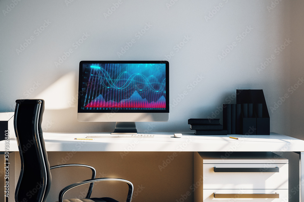 Poster cabinet desktop interior with financial charts and graphs on computer screen. concept of stock marke